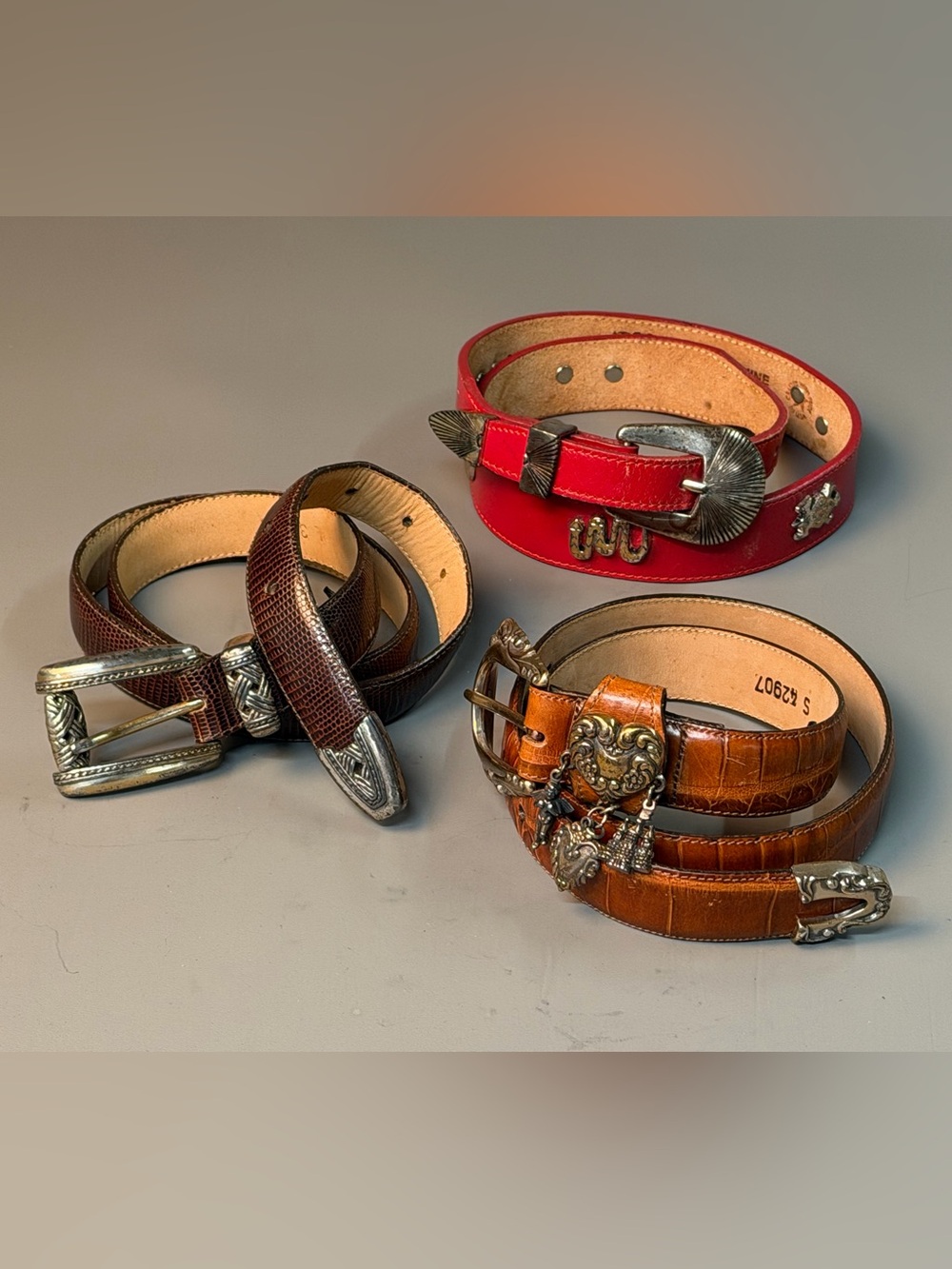 Brighton Red Leather Belt with Western Silver-Tone Buckle